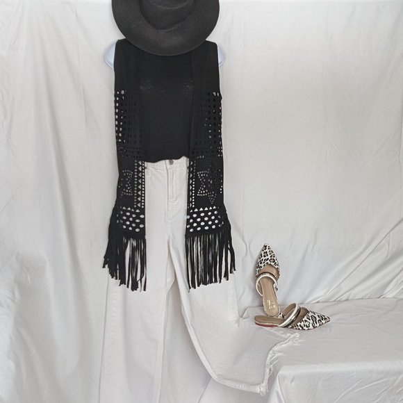 Boho long fringe vest with laser cuts black one size EUC Renato Balestra - Picture 9 of 9